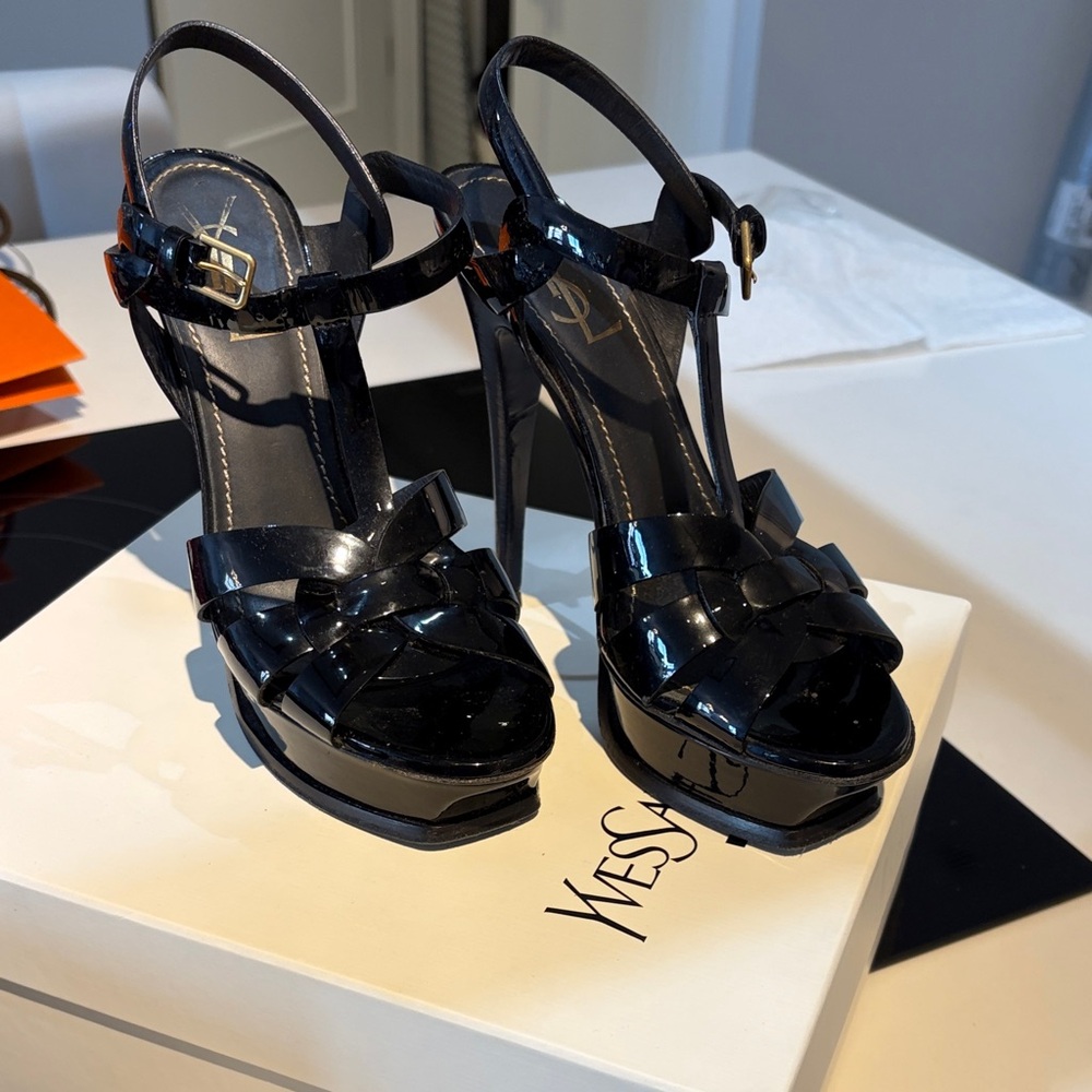Saint Laurent Tribute Black Patent Leather Braided T-Strap Platform Heels 7